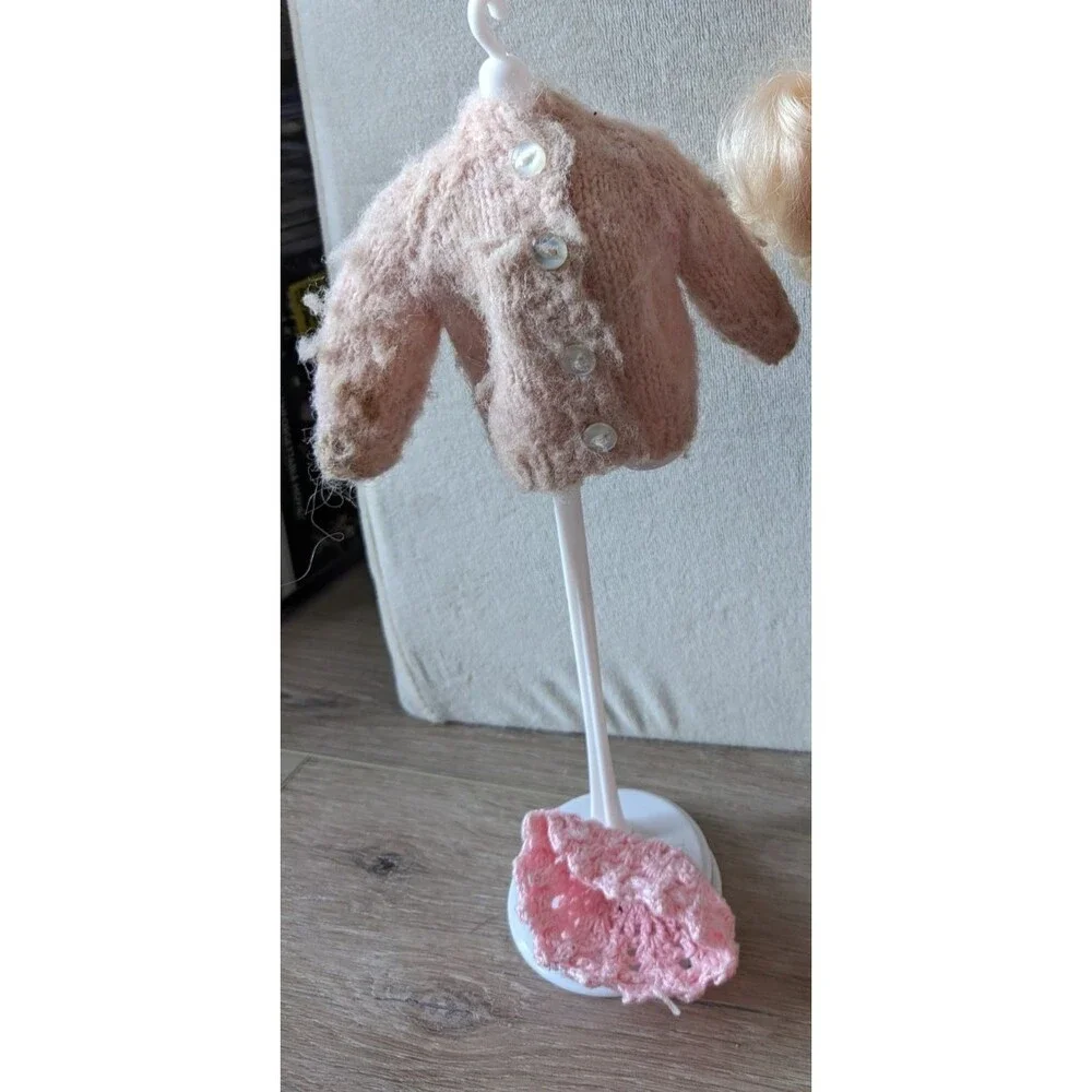 Vintage Barbie Knitted Pink Coat Jacket Crochet Hat Cottage Core -NO DOLL/DRESS